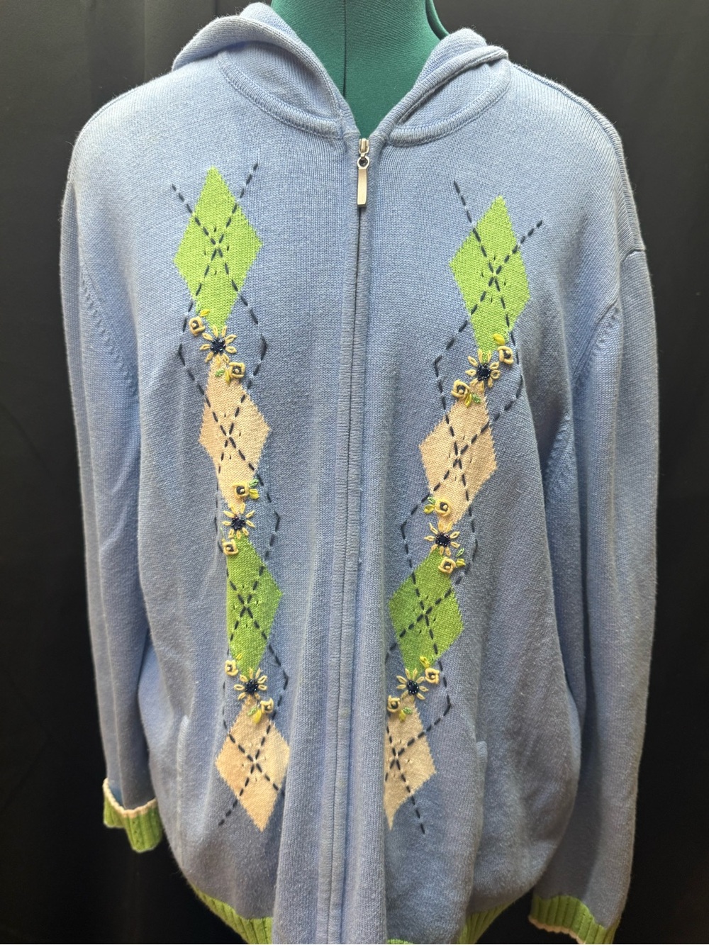 Alfred Dunner Light Blue Hooded Zip Cardigan with Green & Cream Argyle